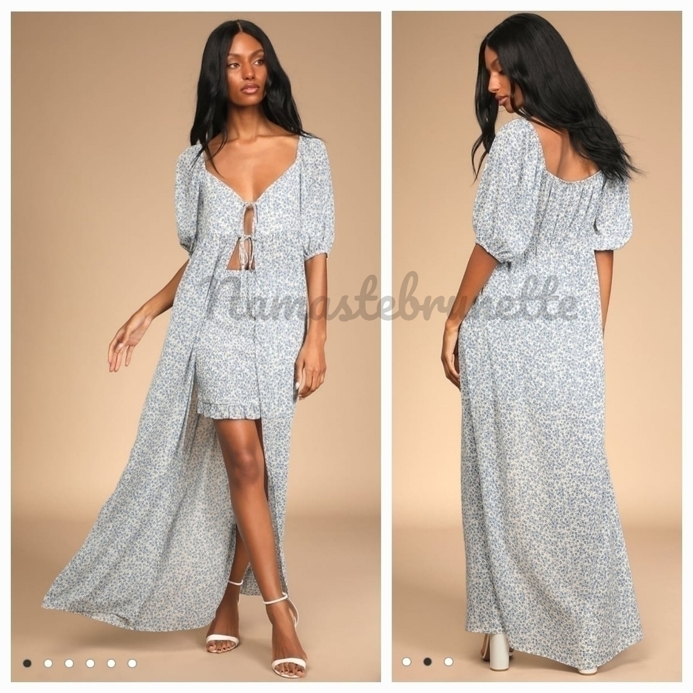NWT Lulu's Blue Floral Puff Sleeve 2 Piece High Low Dress